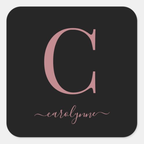 Black Rose Gold Monogram Elegant Script Square Sticker