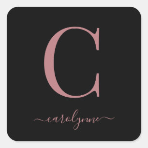 Black Rose Gold Monogram Elegant Script Square Sticker