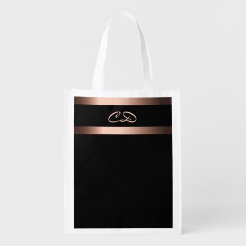 Black rose gold monogram initials elegant grocery bag