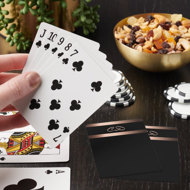 Black rose gold monogram initials elegant poker cards (In Situ)
