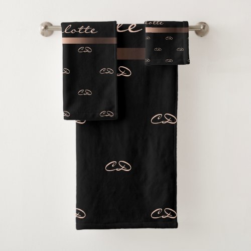 Black rose gold monogram initials pattern name bath towel set