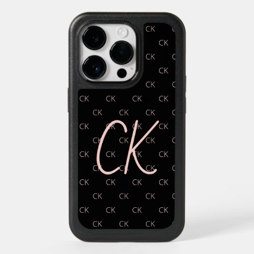 Black rose gold monogram initials pink modern OtterBox iPhone 14 pro case