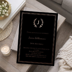 Black rose gold monogrammed wreath birthday foil invitation