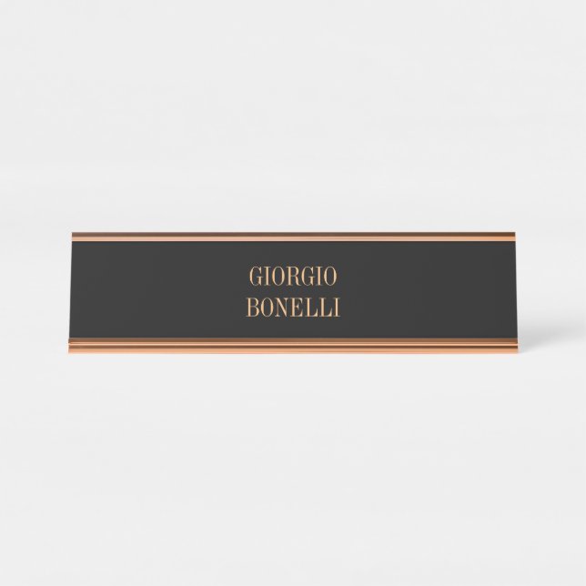 Black Rose Gold Name Minimalist Personal Modern Desk Name Plate (Front)