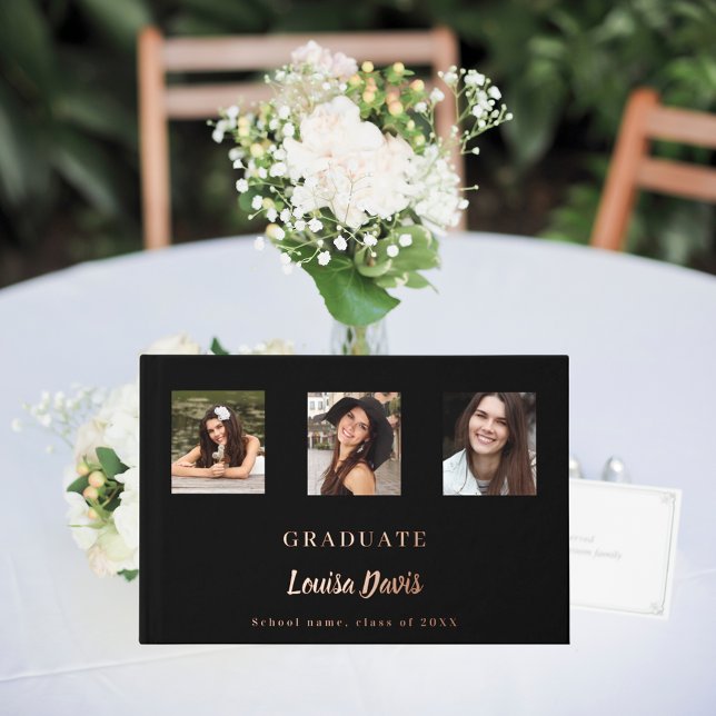 Black rose gold name script photo Graduation Foil Guest Book (Creator Uploaded)