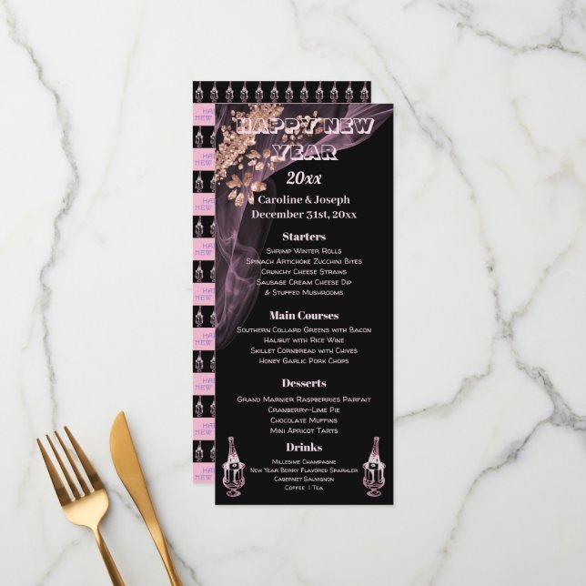 Black & Rose Gold New Year Menu & Champagne (Front/Back In Situ)
