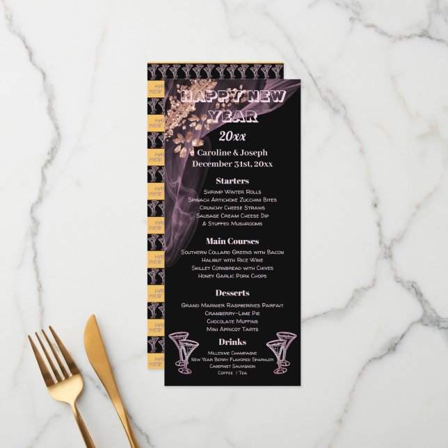 Black Rose Gold New Year Menu & Champagne Glasses (Front/Back In Situ)