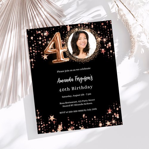 Black rose gold photo 40th birthday invitation