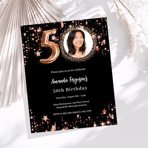 Black rose gold photo 50th birthday invitation