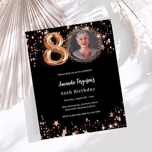 Black rose gold photo 80th birthday invitation