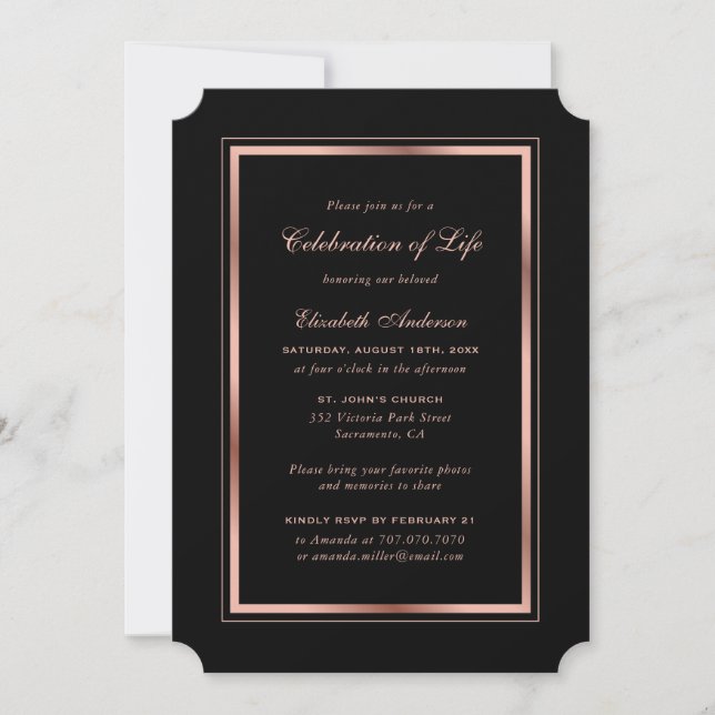 Black Rose Gold Photo Celebration of Life Invitation (Front)