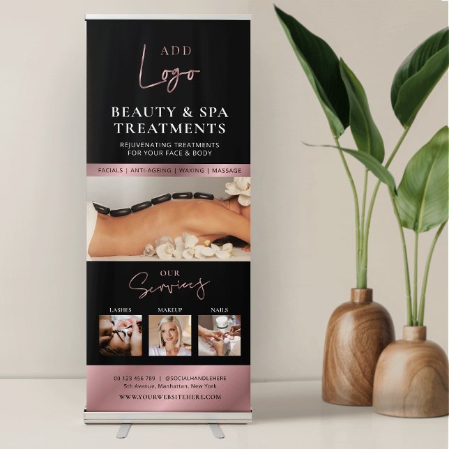 Black & Rose Gold Photo Collage Spa Salon Services Retractable Banner (Black and rose gold effect salon promotional banner with space for your logo, services and photos)
