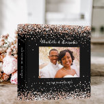 Black rose gold photo glitter wedding album 3 ring binder<br><div class="desc">A stylish black background,  decorated with rose gold faux glitter,  sparkles.  Personalize and add a photo,  your names and wedding date. White text.
Spine: add your text.</div>
