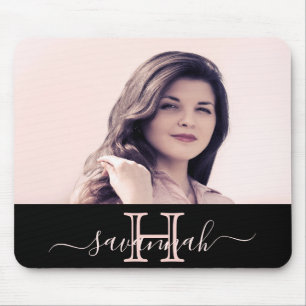 Black rose gold photo monogram mouse pad