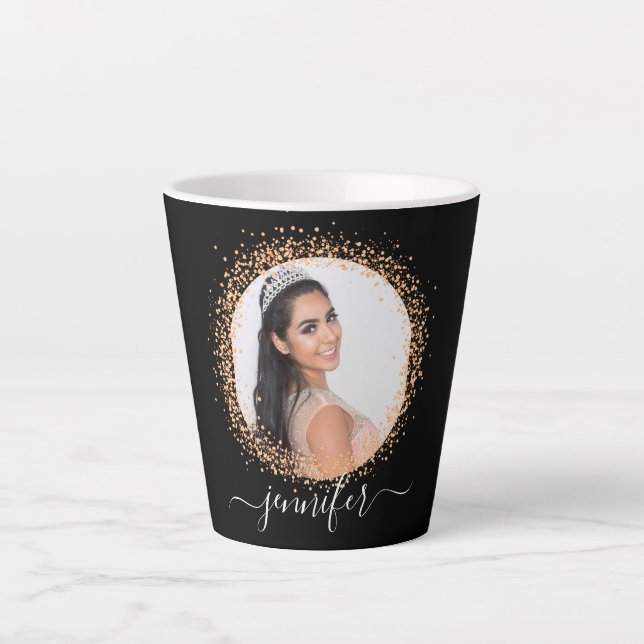 Black rose gold photo name script glamorous latte mug (Front)
