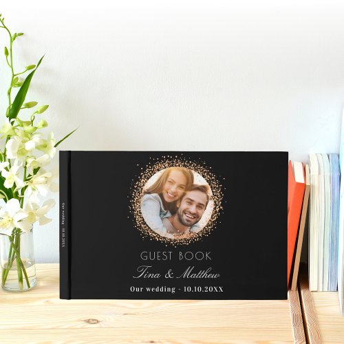 Black rose gold photo sparkles elegant wedding guest book