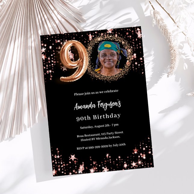 Black rose gold photo stars 90th birthday invitation (Creator Uploaded)