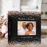 Black rose gold photo wedding album 3 ring binder<br><div class="desc">A stylish black background,  decorated with rose gold confetti.  Personalize and add a photo,  your names and wedding date. White text.
Spine: add your text.</div>