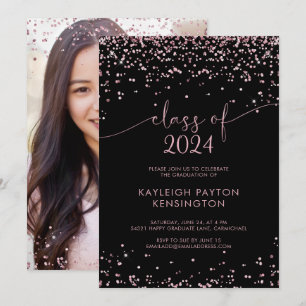 Black Rose Gold Pink Glitter Graduation Party  Announcement