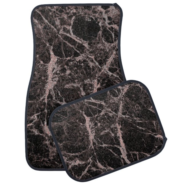 Black & Rose Gold Pink Glitter Marble Glam Trendy Car Floor Mat (Set)