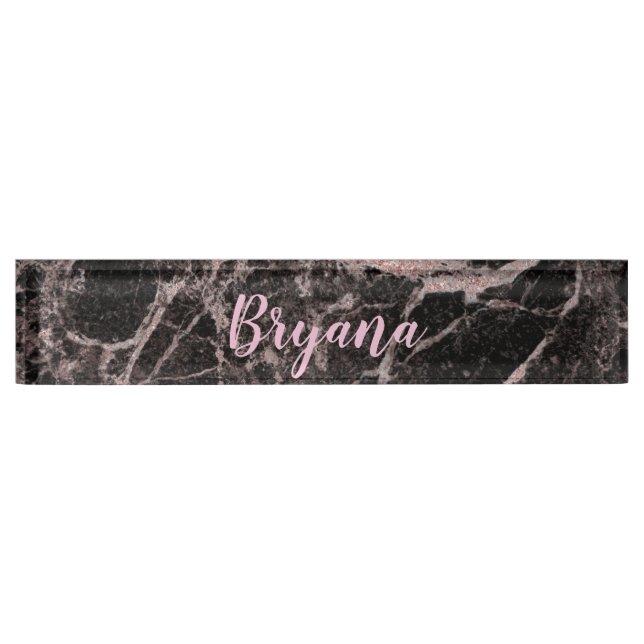 Black & Rose Gold Pink Glitter Marble Glam Trendy Desk Name Plate (Front)