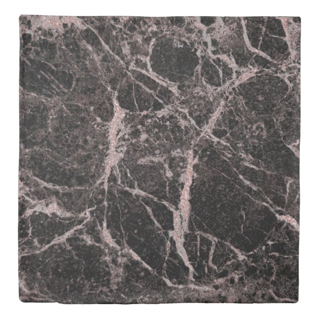 Black & Rose Gold Pink Glitter Marble Glam Trendy Duvet Cover (Front)