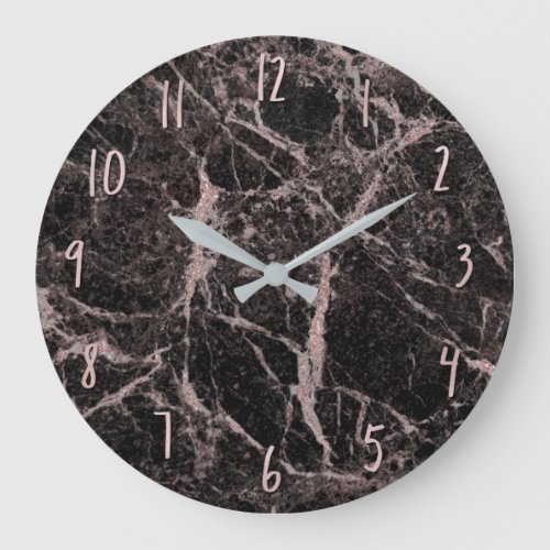 Black  Rose Gold Pink Glitter Marble Glam Trendy Large Clock