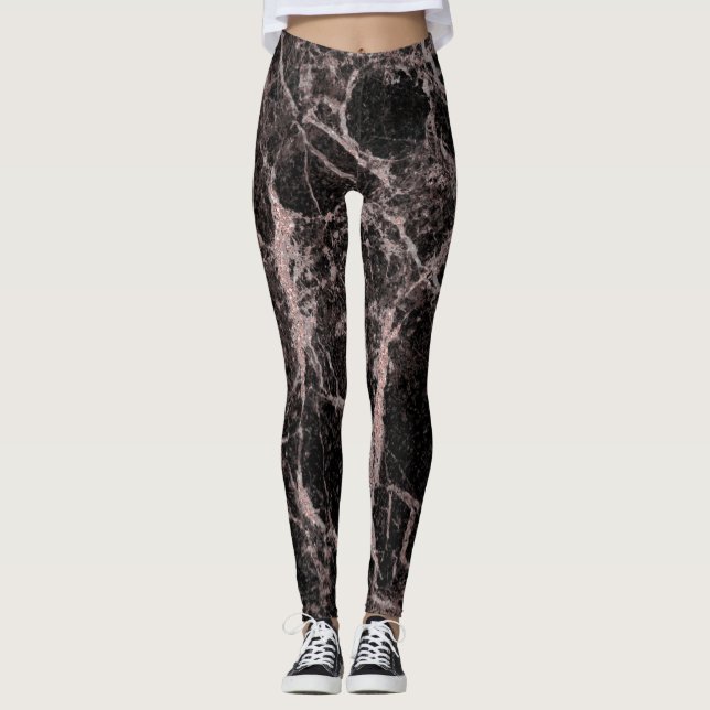 Black & Rose Gold Pink Glitter Marble Glam Trendy Leggings (Front)