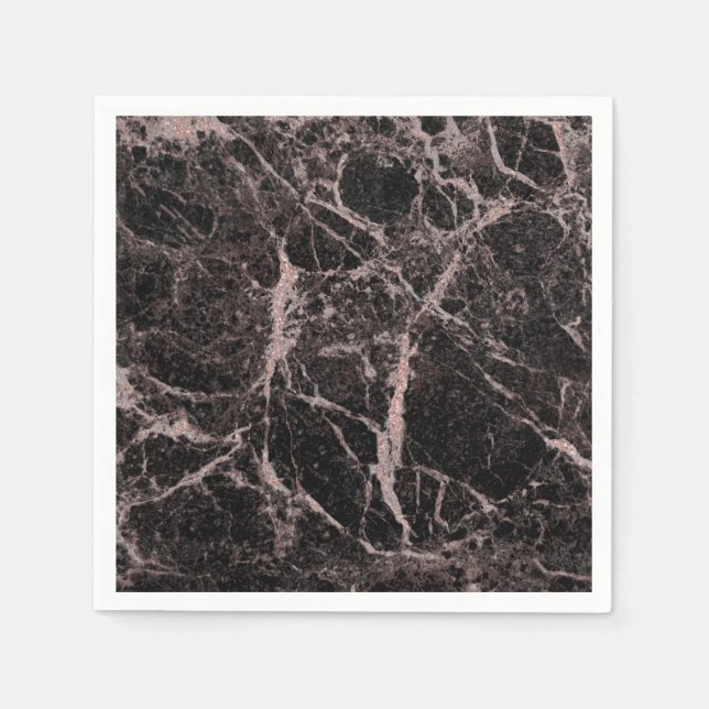 Black & Rose Gold Pink Glitter Marble Glam Trendy Napkins (Front)