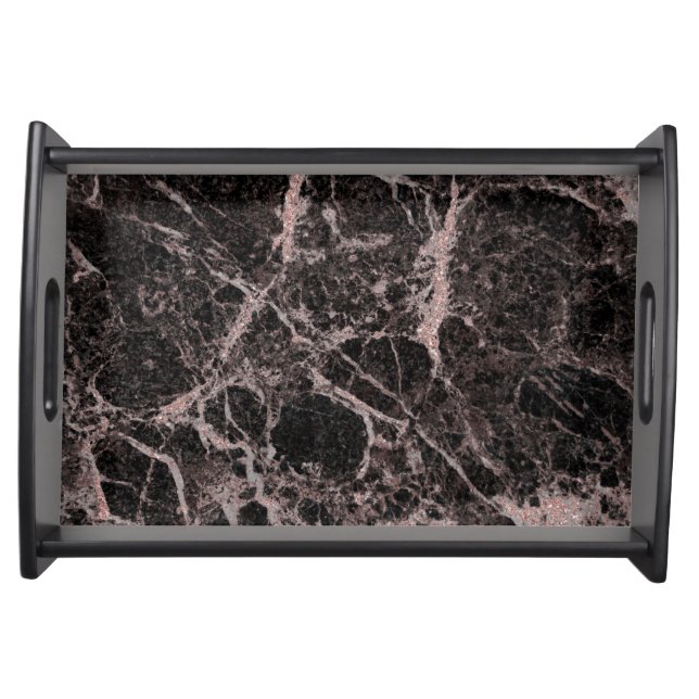 Black & Rose Gold Pink Glitter Marble Glam Trendy Serving Tray (Front)