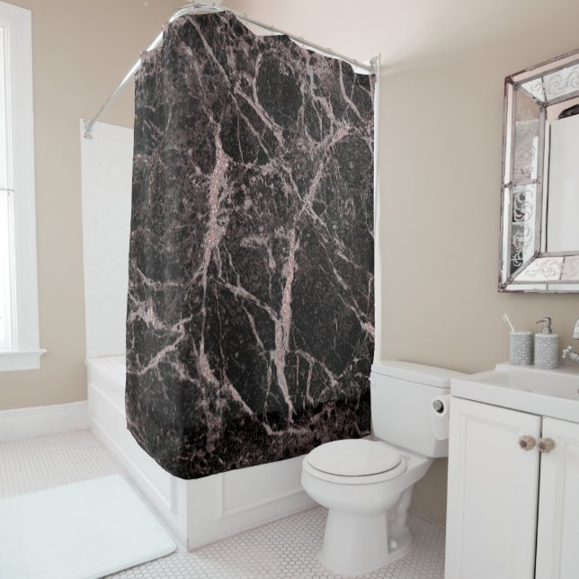 Black & Rose Gold Pink Glitter Marble Glam Trendy Shower Curtain (In Situ)