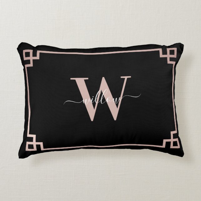 Black & Rose Gold Pink Greek Key Monogrammed Accent Pillow (Front)