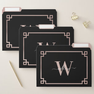 Black & Rose Gold Pink Greek Key Monogrammed File Folder