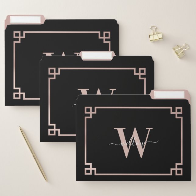 Black & Rose Gold Pink Greek Key Monogrammed File Folder (Set)