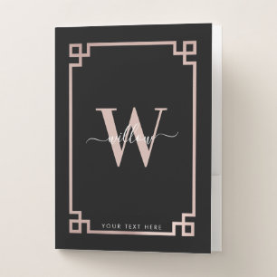 Black & Rose Gold Pink Greek Key Monogrammed Pocket Folder