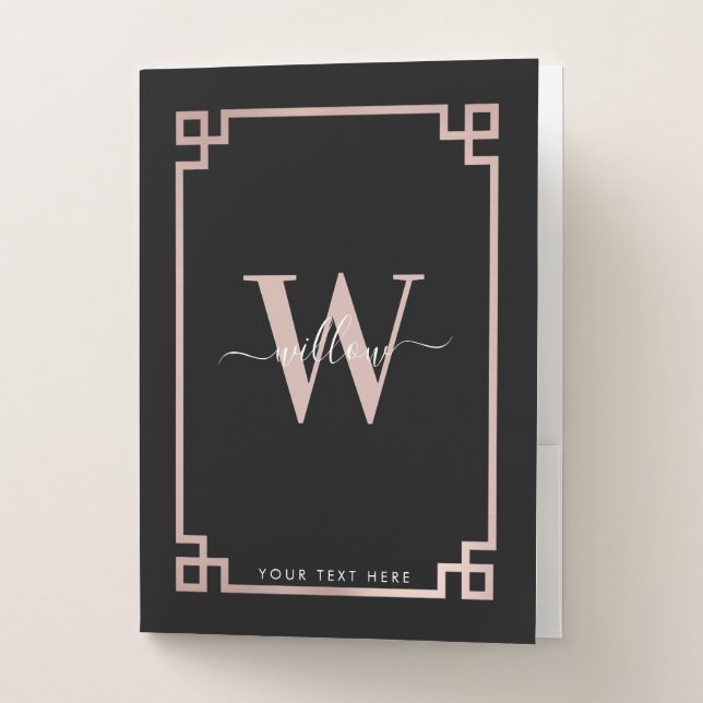 Black & Rose Gold Pink Greek Key Monogrammed  Pocket Folder (Front)