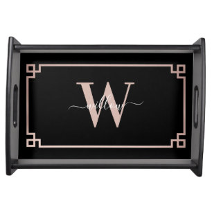 Black & Rose Gold Pink Greek Key Monogrammed Serving Tray
