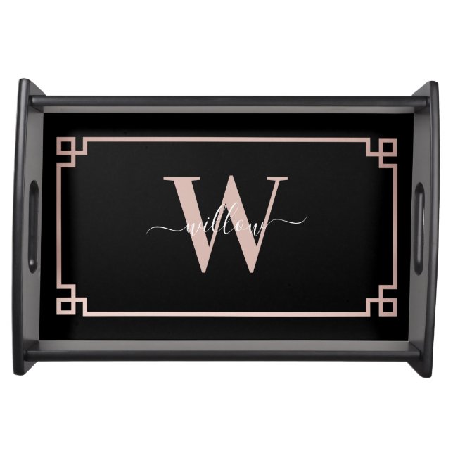 Black & Rose Gold Pink Greek Key Monogrammed Serving Tray (Front)