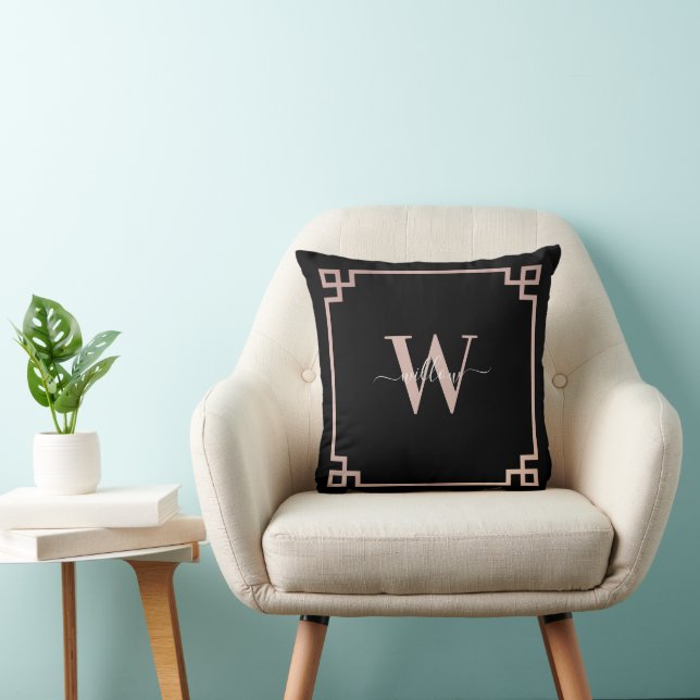 Black & Rose Gold Pink Greek Key Monogrammed  Throw Pillow (Chair)