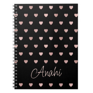 Black Rose Gold Polka Dot Hearts Personalized Notebook