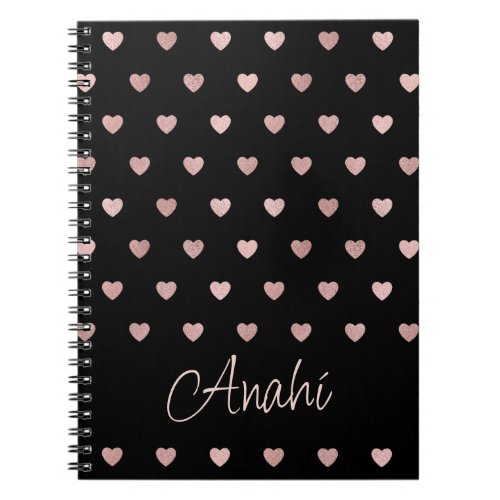 Black Rose Gold Polka Dot Hearts Personalized  Notebook