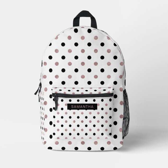 Black & Rose Gold Polka Dots in a White Background Printed Backpack (Front)