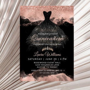 Black & Rose Gold Princess Dress Quinceañera Invitation