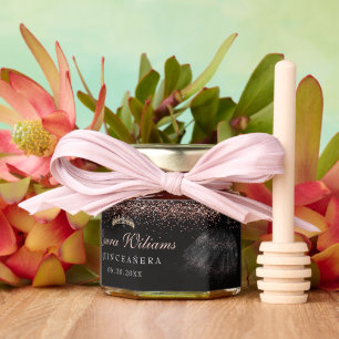 Black & Rose Gold Princess Quinceanera Birthday Honey Jar Favors