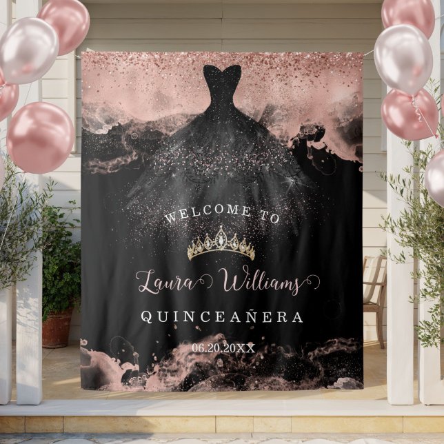 Black & Rose Gold Quinceañera Birthday Backdrop (Rose Gold Glitter Quinceanera Birthday Party Backdrop)