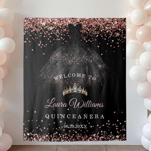 Black & Rose Gold Quinceañera Birthday Backdrop (Reose Gold glitter quinceañera  birthday party backdrop)
