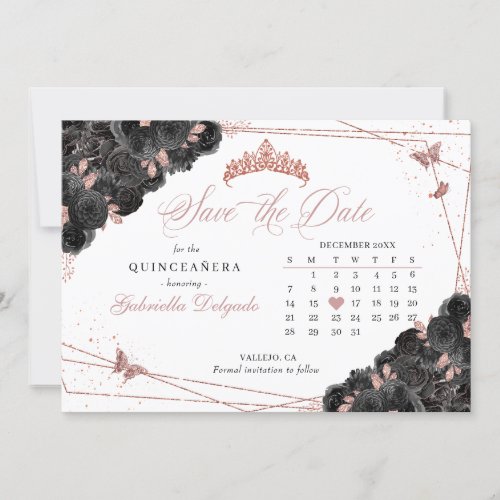 Black  Rose Gold Quinceaera Save The Date Invitation