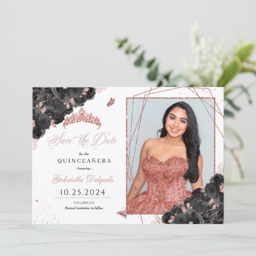 Black  Rose Gold Quinceaera Save The Date Photo Invitation