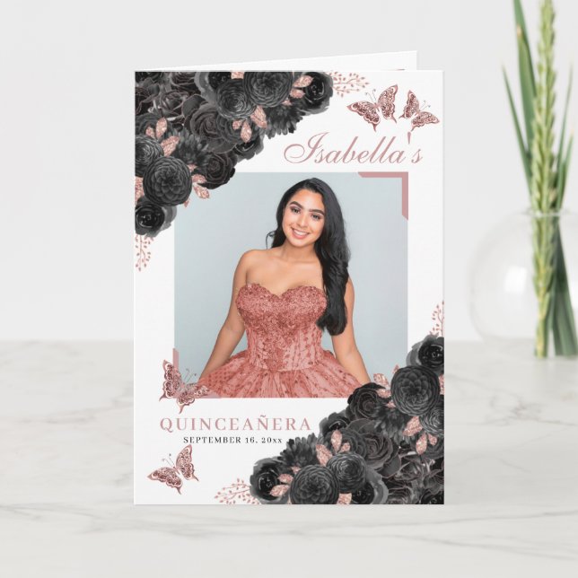 Black & Rose Gold Quinceanera Tiara Butterflies Program (Front)