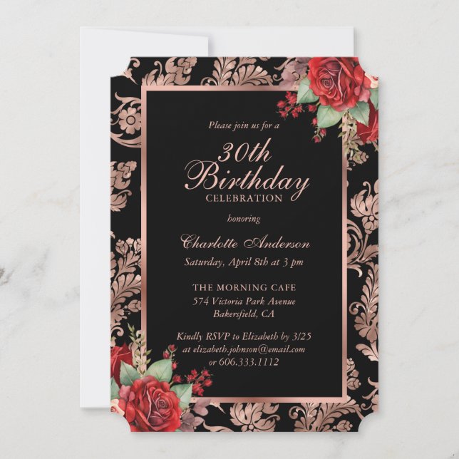 Black Rose Gold Red Floral 30th Birthday Invitation (Front)